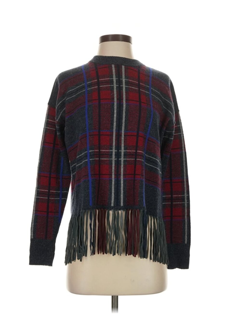 Autumn Cashmere 100% Cashmere Plaid Fringe Hem Pullover Sweater Small Gray Red
